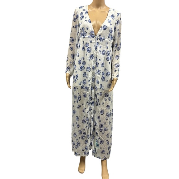Asos Petite  Button Front White Blue Floral Print Lined Maxi Dress Womens 10 - Picture 2 of 10